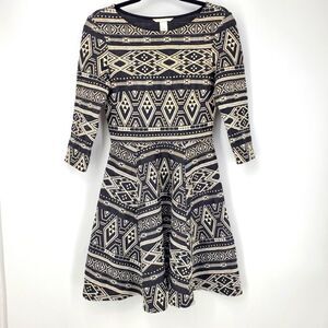 H & M Tribal Print Fit And Flare 3/4 Sleeve Dress. Size Small